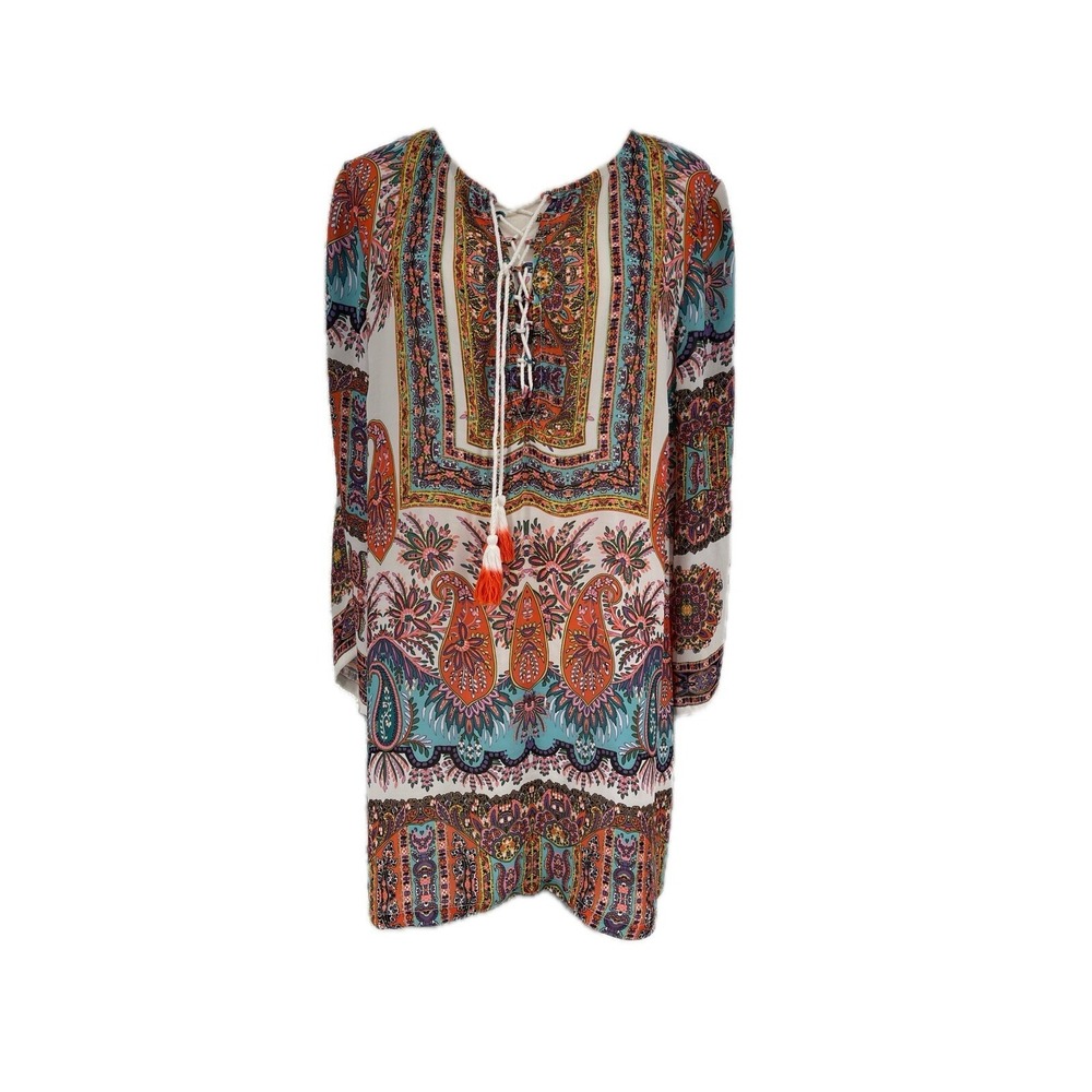 NWT Sharon Young‎ Colorful Paisley Slit Long Sleeve Rayon Tunic Dress Boho L